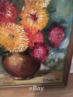 LARGE VINTAGE 70s FLORAL STILL LIFE OIL PAINTING TEXTURAL CHRYSANTHEMUMS Signed