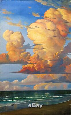 LARGE Vintage 2015 signed Wm HAWKINS Green Blue Marine Clouds Art Oil Painting
