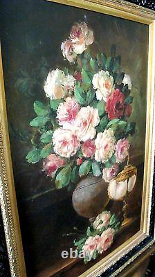LG Vintage Oil Painting-Still Life Floral/Roses-Listed Artist-Antique Frame