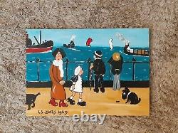 L S Lowry. Original of a busy Promenade, people, dogs, ships, boats vintage Lowry