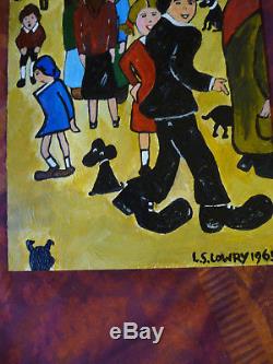 L. S. Lowry painting. Oil, signed, busy scene with people and dogs. Vintage