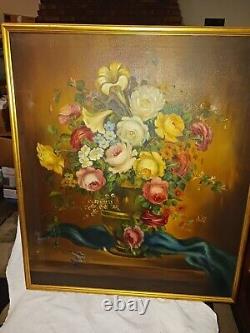 Large 1949 Vintage Oil Painting On Canvas Framed Signed Floral Flowers