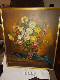 Large 1949 Vintage Oil Painting On Canvas Framed Signed Floral Flowers