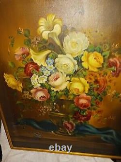 Large 1949 Vintage Oil Painting On Canvas Framed Signed Floral Flowers