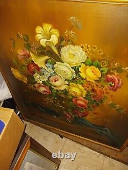 Large 1949 Vintage Oil Painting On Canvas Framed Signed Floral Flowers