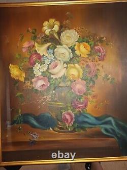 Large 1949 Vintage Oil Painting On Canvas Framed Signed Floral Flowers