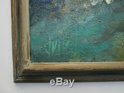 Large Abstract Painting Vintage Modernist Non Objective Blue Green Signed Dvust