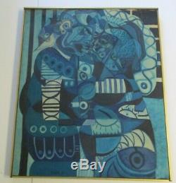 Large MID Century Painting Abstract Cubist Cubism Couple Blue Lovers Vintage Oil