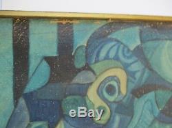 Large MID Century Painting Abstract Cubist Cubism Couple Blue Lovers Vintage Oil