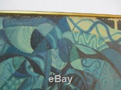 Large MID Century Painting Abstract Cubist Cubism Couple Blue Lovers Vintage Oil