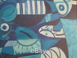 Large MID Century Painting Abstract Cubist Cubism Couple Blue Lovers Vintage Oil