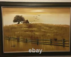 Large Mid Century Signed Matson Oil On Canvas Painting Vintage Farm House Fence