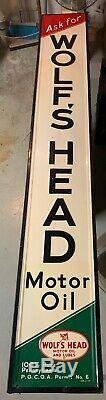 Large VTG Wolf's Head Motor Oil Gas Station 82 Embossed Metal Sign Wood Mounted