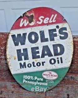 Large Vintage Authentic 1963 Wolf's Head Motor Oil Double Sided Sign 30h x 23w