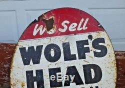 Large Vintage Authentic 1963 Wolf's Head Motor Oil Double Sided Sign 30h x 23w