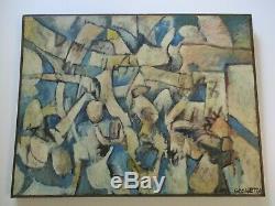 Large Vintage Blue Cubist Cubism Painting Abstract Expressionism 1960's Modern