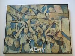 Large Vintage Blue Cubist Cubism Painting Abstract Expressionism 1960's Modern