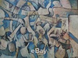 Large Vintage Blue Cubist Cubism Painting Abstract Expressionism 1960's Modern