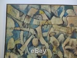 Large Vintage Blue Cubist Cubism Painting Abstract Expressionism 1960's Modern