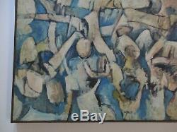 Large Vintage Blue Cubist Cubism Painting Abstract Expressionism 1960's Modern