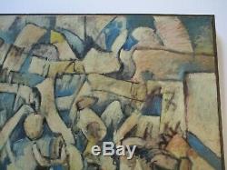 Large Vintage Blue Cubist Cubism Painting Abstract Expressionism 1960's Modern