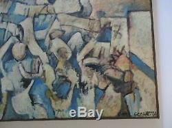 Large Vintage Blue Cubist Cubism Painting Abstract Expressionism 1960's Modern