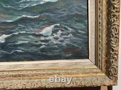 Large Vintage Framed Oil painting on Canvas, Sailing ship in the ocean, Signed