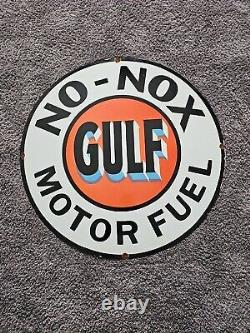 Large Vintage Gulf No-nox Motor Fuel Dealer Porcelain Gas Station Pump Sign 30