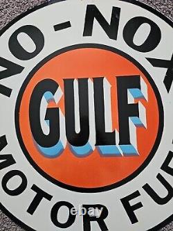Large Vintage Gulf No-nox Motor Fuel Dealer Porcelain Gas Station Pump Sign 30