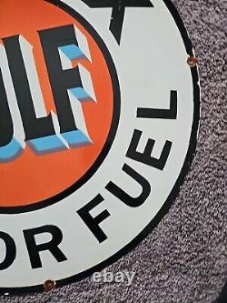Large Vintage Gulf No-nox Motor Fuel Dealer Porcelain Gas Station Pump Sign 30