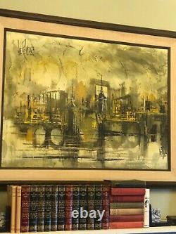 Large Vintage Lee Reynolds Abstract Oil Painting Cityscape Mid Century Modern
