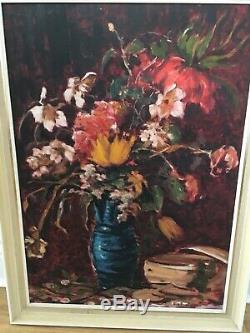 Large Vintage MID Century Oil On Canvas Expressive Large Floral Painting Signed