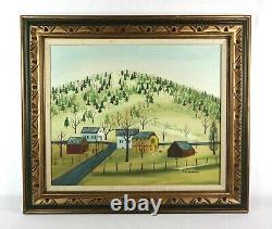 Large Vintage Naive Primitive Folk Art Oil Painting of Village Landscape Signed