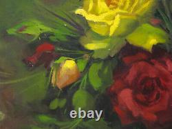 Large Vintage Oil On Canvas Painting Of Roses Signed