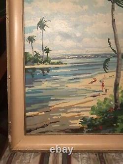 Large Vintage Paint By Number Painting 27x21 Florida Beach Sunbathers Palm Trees