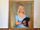 Large Vintage Young Girl & Pet Dog Oil Portrait Painting Framed 1945 Signed
