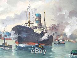 Lg VINTAGE 1950s ORIG. OIL/CANVAS MARINE BOATS SHIPS RIVER PAINTING SIGNED