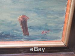 Lg VINTAGE 1950s ORIG. OIL/CANVAS MARINE BOATS SHIPS RIVER PAINTING SIGNED