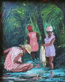 Listed Haitian Artist Andre Labbe Vintage 1975 Figural Genre Oil Painting