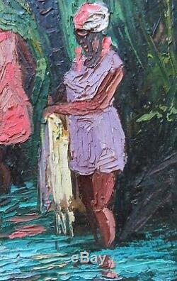 Listed Haitian Artist Andre Labbe Vintage 1975 Figural Genre Oil Painting