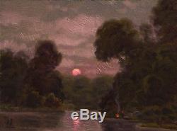 MAX COLE original oil painting landscape signed antique vintage moon lake pink $