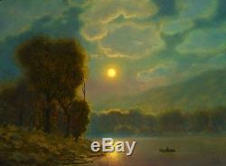MAX COLE original oil painting landscape signed old vintage antique look moon