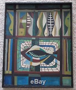 MID Century Cubism Painting Abstract Pop Yukon Fish Modernism Signed Vintage