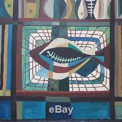 MID Century Cubism Painting Abstract Pop Yukon Fish Modernism Signed Vintage