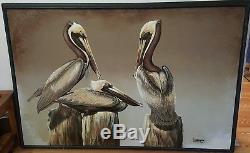 Mid-Century 1960s Rare Vintage Oil Canvas Pelicans Signed Letterman
