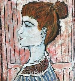 Modernist Portrait Painting of Redhead Woman, Artist Signed 1955 Vintage MCM