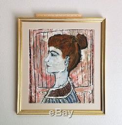Modernist Portrait Painting of Redhead Woman, Artist Signed 1955 Vintage MCM
