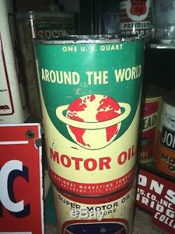 Nice Around The World Graphic Motor Oil Can Qt Gas Sign Old Vintage Original