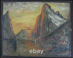 Norway Vintage Old 1934 Scandinavian W. H. Elford Fjord Village Oil Painting