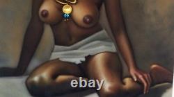 Nude, Black Afro Woman 70's vintage style Original Oil painting Velvet R64h